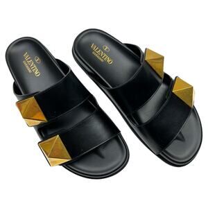 VALENTINO GARAVANI One Stud Leather Flats EU 40 US 10 Black Roman Slide Sandals